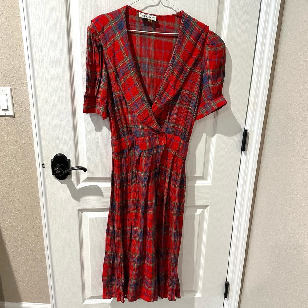 Jackie Bernard Vintage Red Plaid Wrap Deep V Midi Dress with Puff Sleeves Sz 14